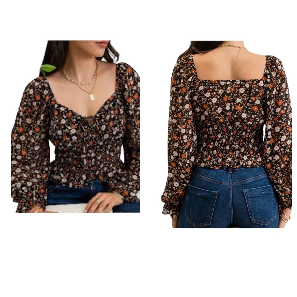 ASTR The Label Sweet Heart Neck,  Smocking Back Long Sleeve Blouse Sz L